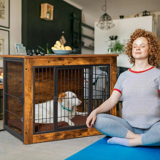 Furniture Style Dual Door Dog Crate with Matching Cushion